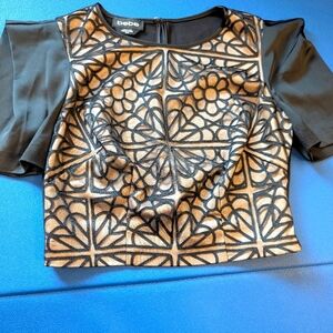 Bebe Black and Tan Patterned Women's Top